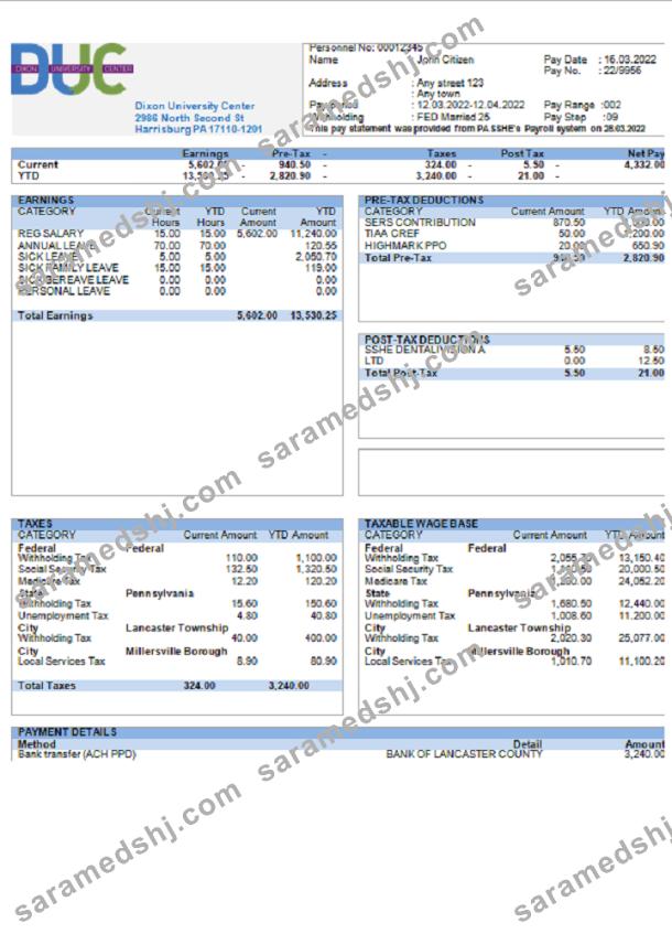 USA Dixon University Center educational company pay stub
